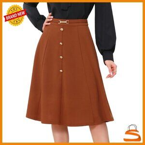 High Waist A-Line Midi Skirt Pleated Flare Work Business